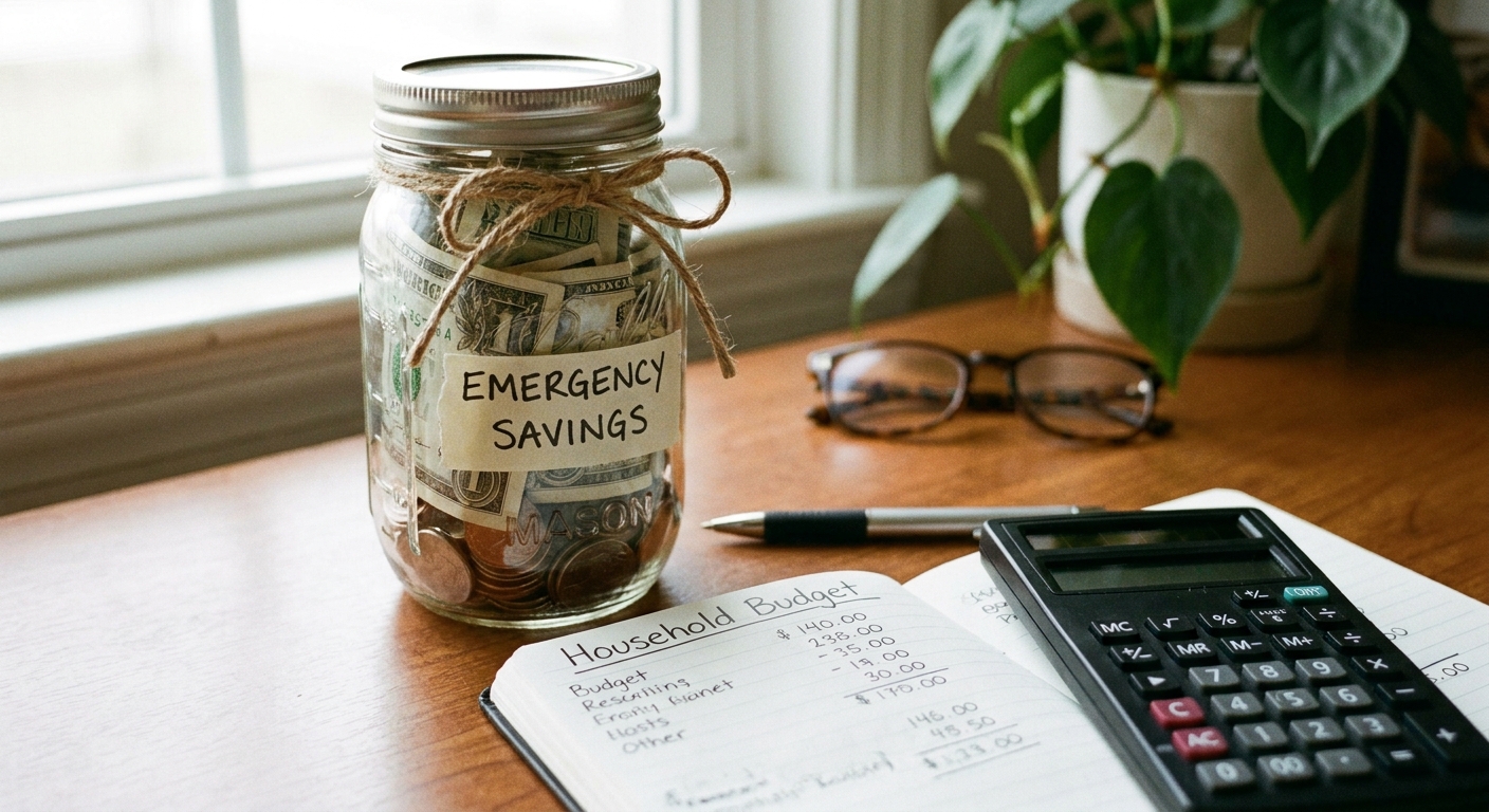 A glass jar filled with cash labeled as emergency savings sitting next to a household budget notebook and a calculator on a desk