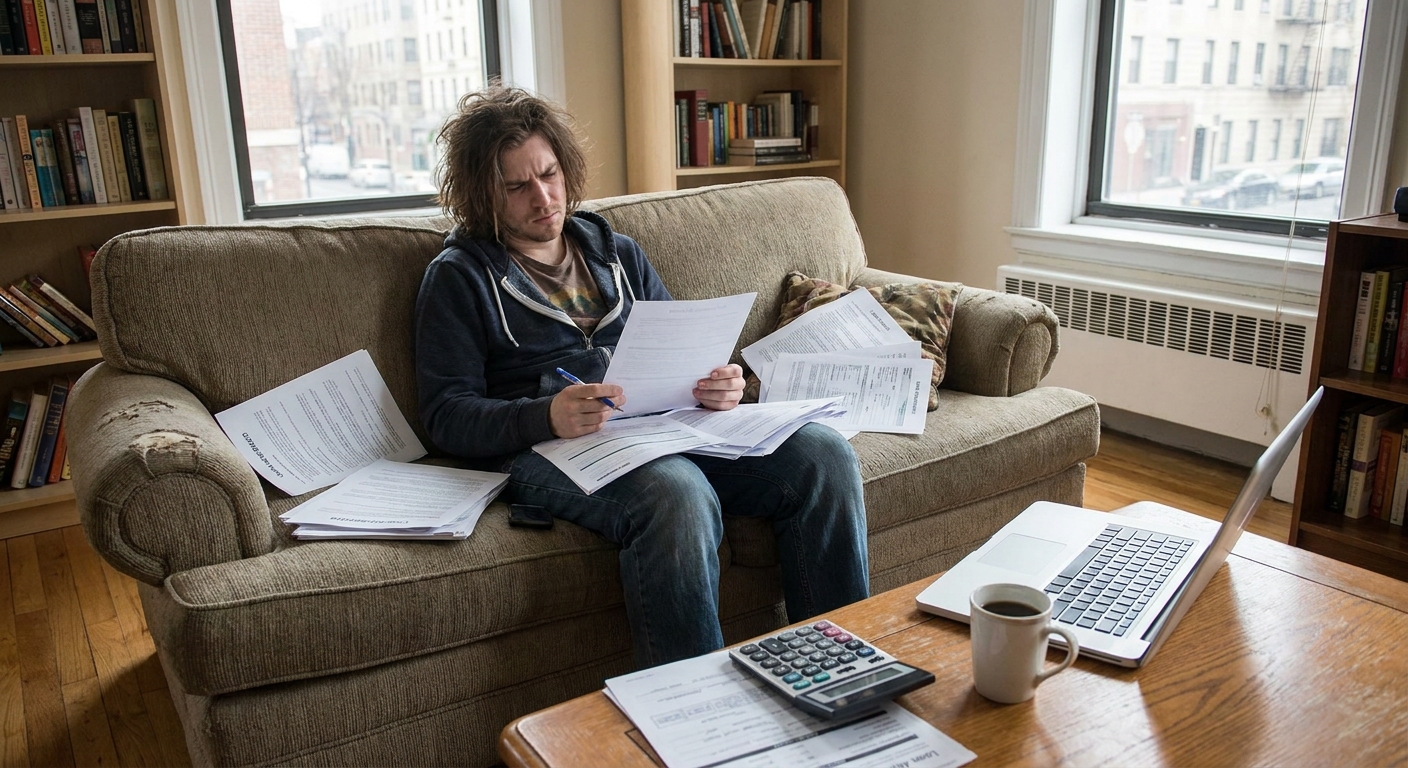 A grad student sitting on a couch reviewing printed loan documents with a calculator on the coffee table, realistic indoor photo