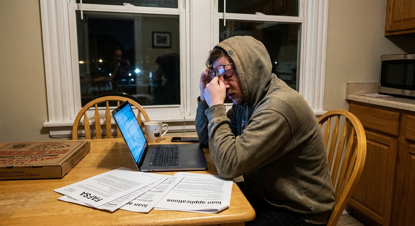 A graduate student sitting at a kitchen table at night with a laptop open and financial aid paperwork nearby, candid real-life photo