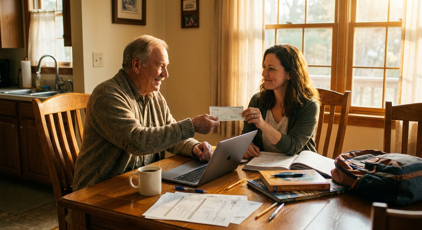 A grandparent sitting at a dining table handing a check to a parent while school paperwork is spread out on the table, warm indoor photo