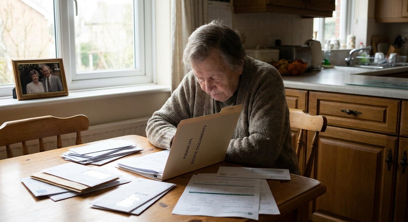 A grieving family member sitting at a kitchen table sorting paperwork and a folder of financial documents in soft window light, realistic photography