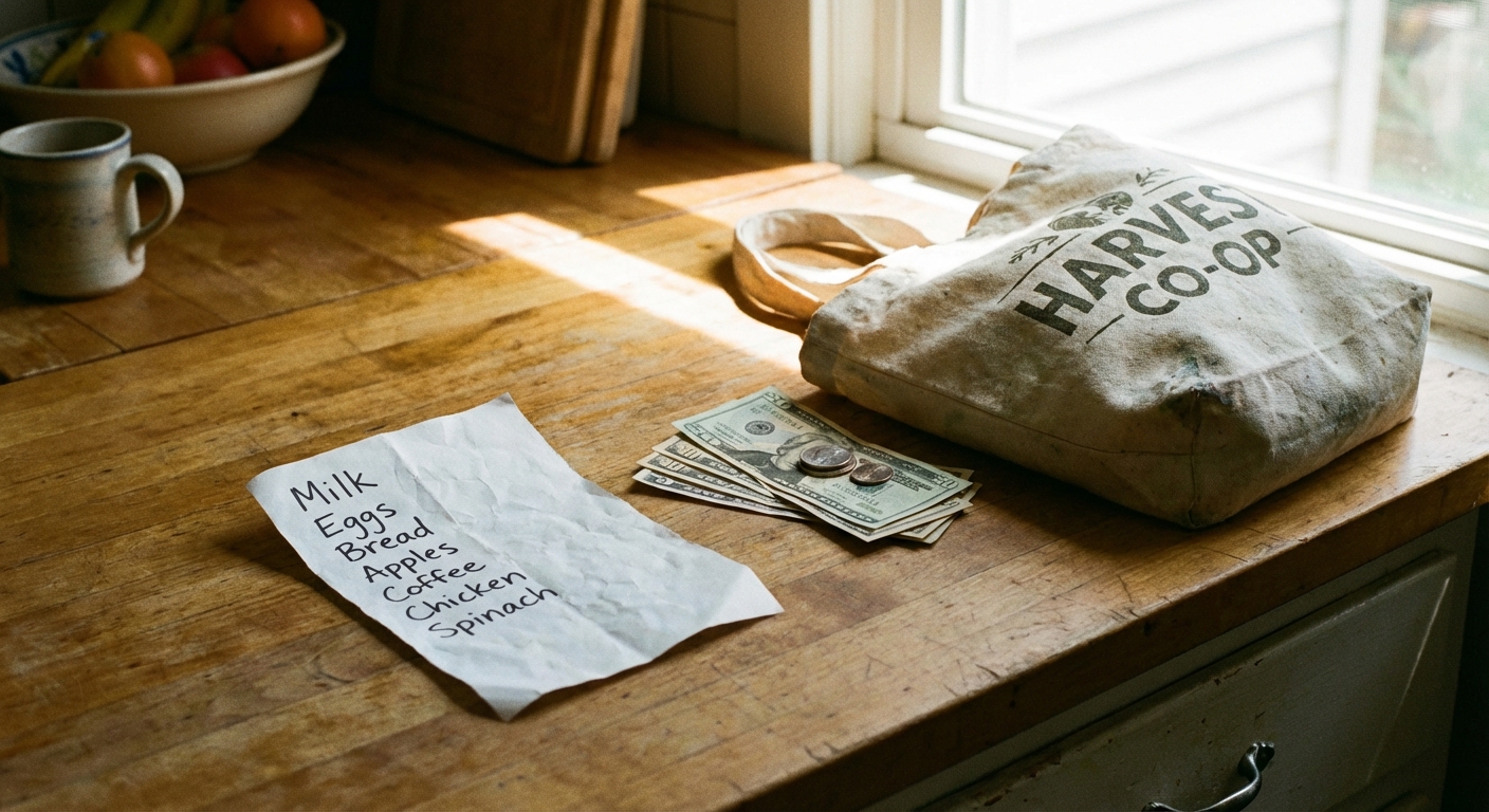A grocery list on a kitchen counter next to a small stack of cash and a reusable shopping bag, realistic home photo