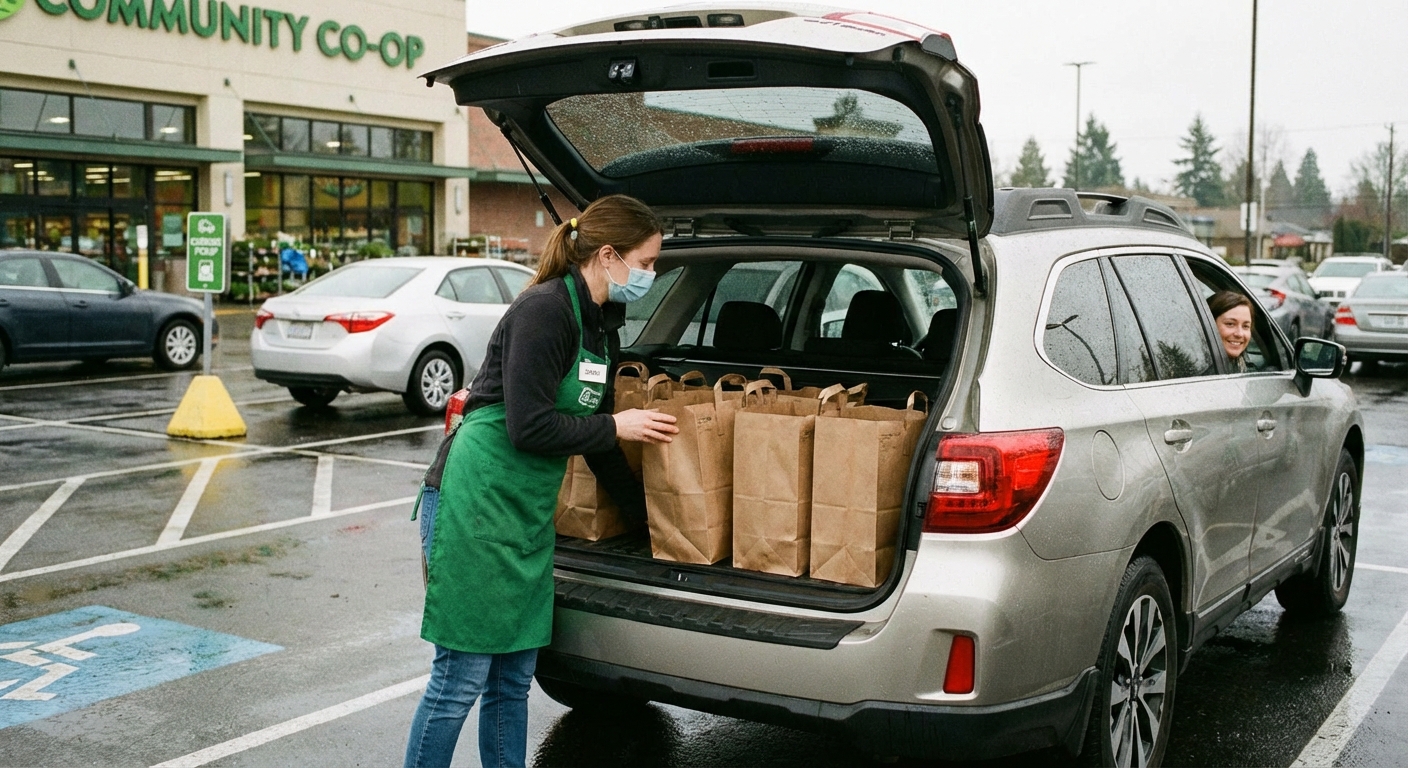 A grocery store employee placing paper grocery bags into the open trunk of a car during curbside pickup, realistic photo