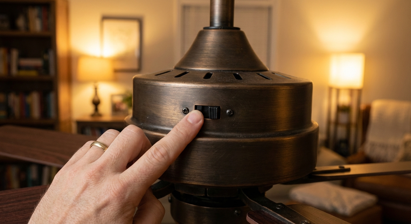 A hand flipping the small direction switch on a ceiling fan in a cozy home room, close-up photography