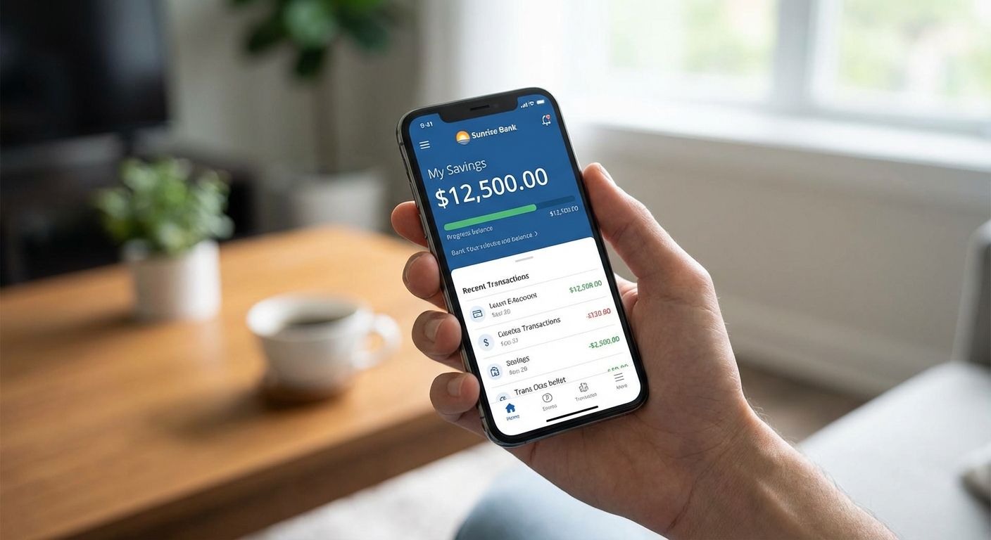 A hand holding a smartphone showing a savings account screen in a banking app, natural indoor light, realistic photo