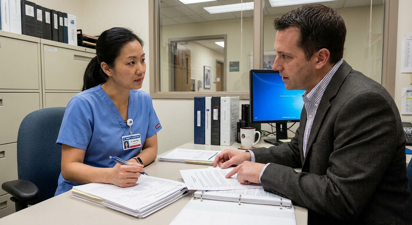A healthcare worker sitting at a desk during hospital onboarding while an HR representative reviews employment documents, realistic office photo