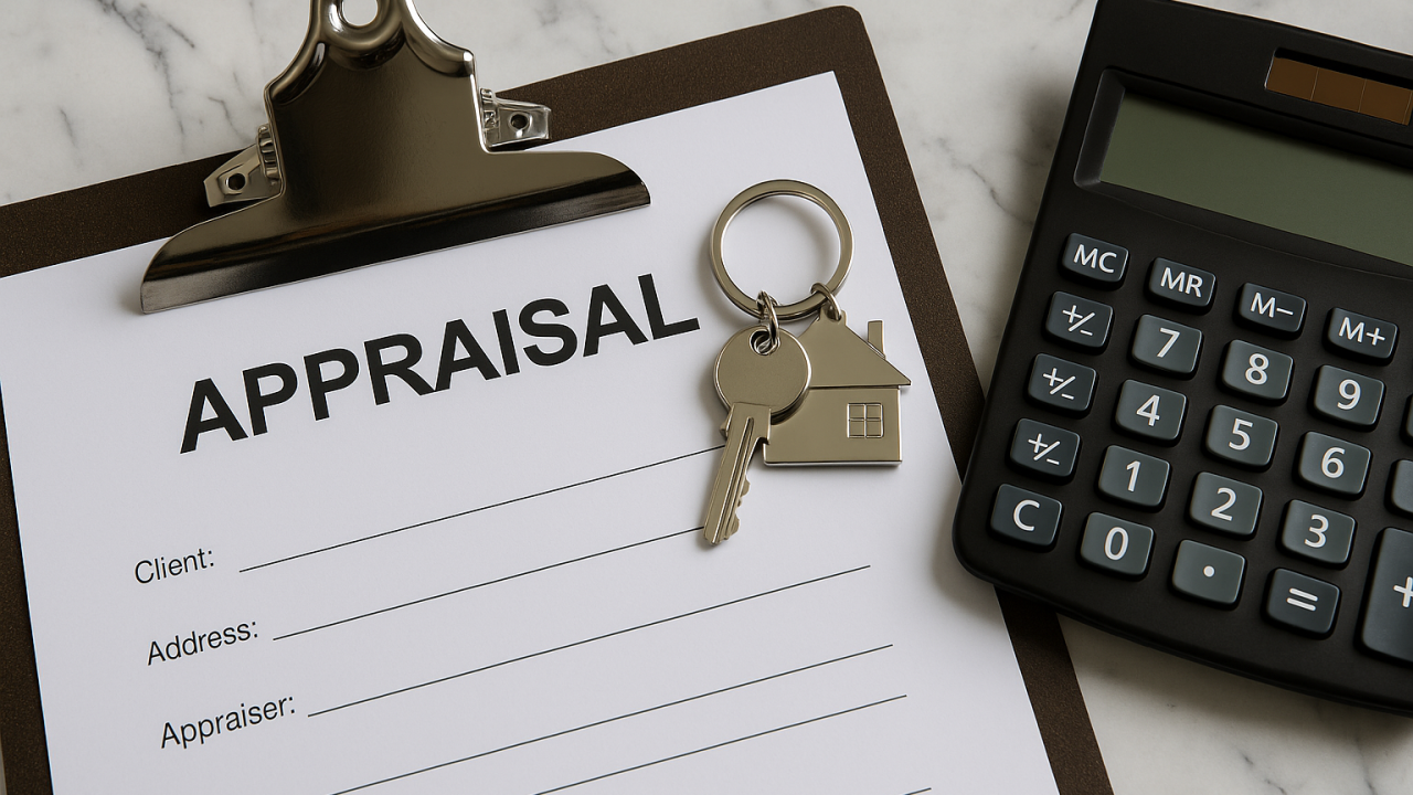 A home appraisal clipboard on a kitchen counter next to a calculator and a folder of mortgage papers