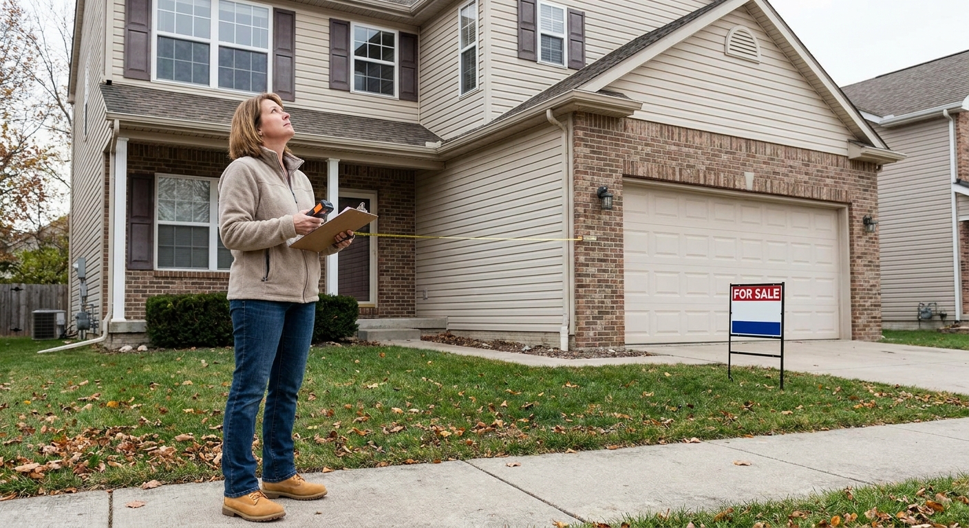 A home appraiser standing on a sidewalk measuring the exterior of a suburban house with a clipboard in hand, realistic photo