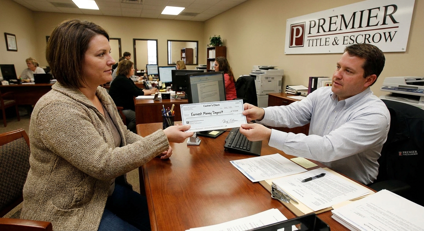 A home buyer handing a cashier's check for an earnest money deposit to a title company representative across a desk, realistic office setting