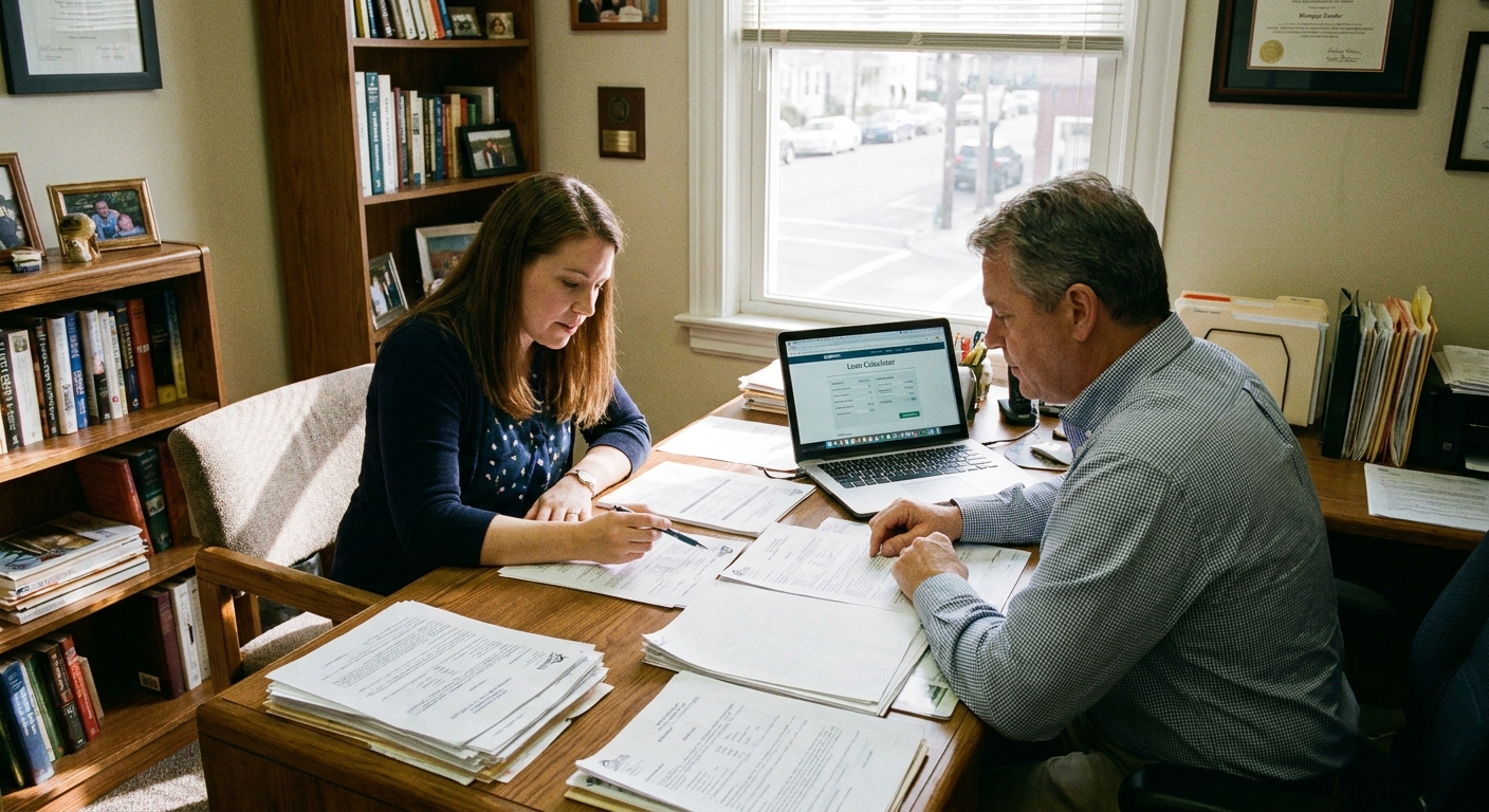 A home buyer sitting across a desk from a mortgage lender in a small office, reviewing loan options on paper, realistic photo