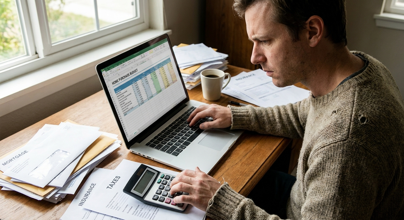 A home buyer sitting at a desk entering numbers into a budgeting spreadsheet on a laptop with bills and a calculator nearby, realistic photography