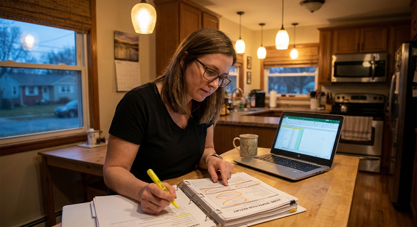 A home buyer sitting at a kitchen table reviewing a printed home inspection report with highlighted notes and a laptop open, evening indoor lighting