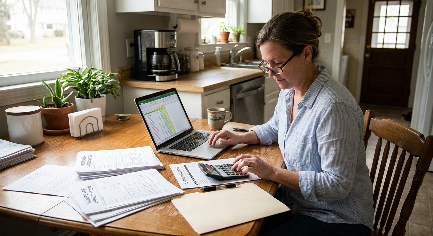 A home buyer sitting at a kitchen table reviewing mortgage documents with a calculator and laptop, realistic indoor photo