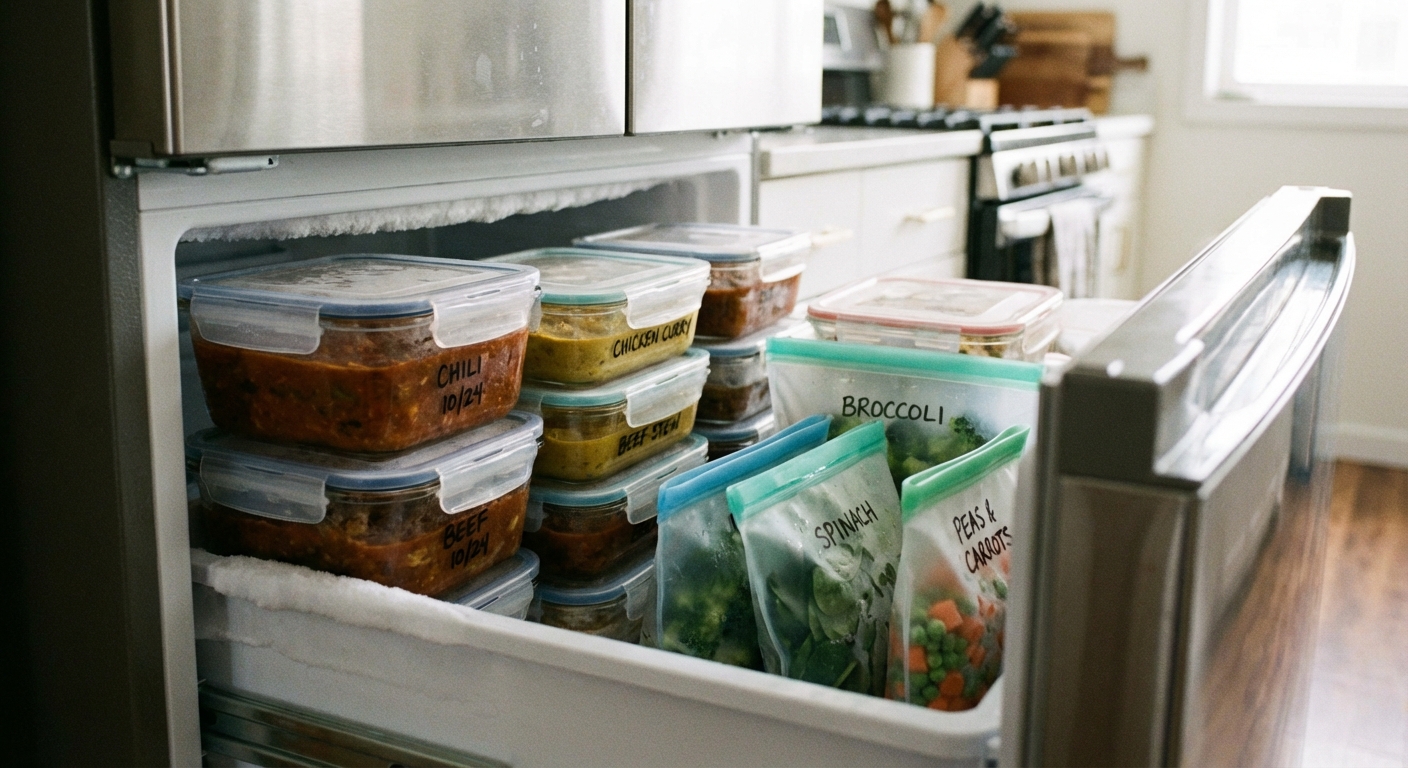 A home freezer drawer open with neatly stacked meal prep containers and labeled bags of frozen vegetables, realistic photo