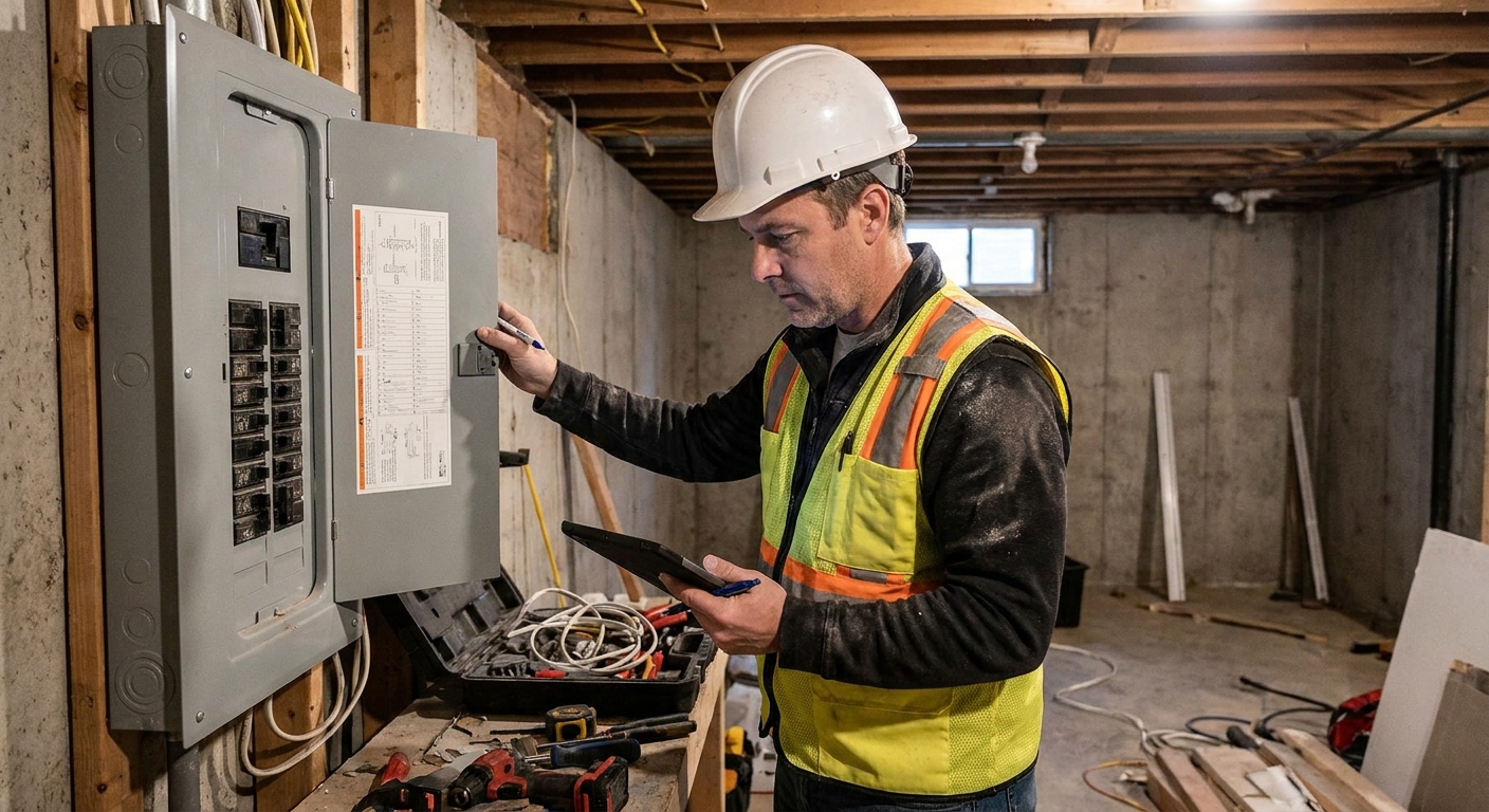 A home inspector in a basement opening an electrical panel and taking notes during a renovation inspection, realistic documentary photo