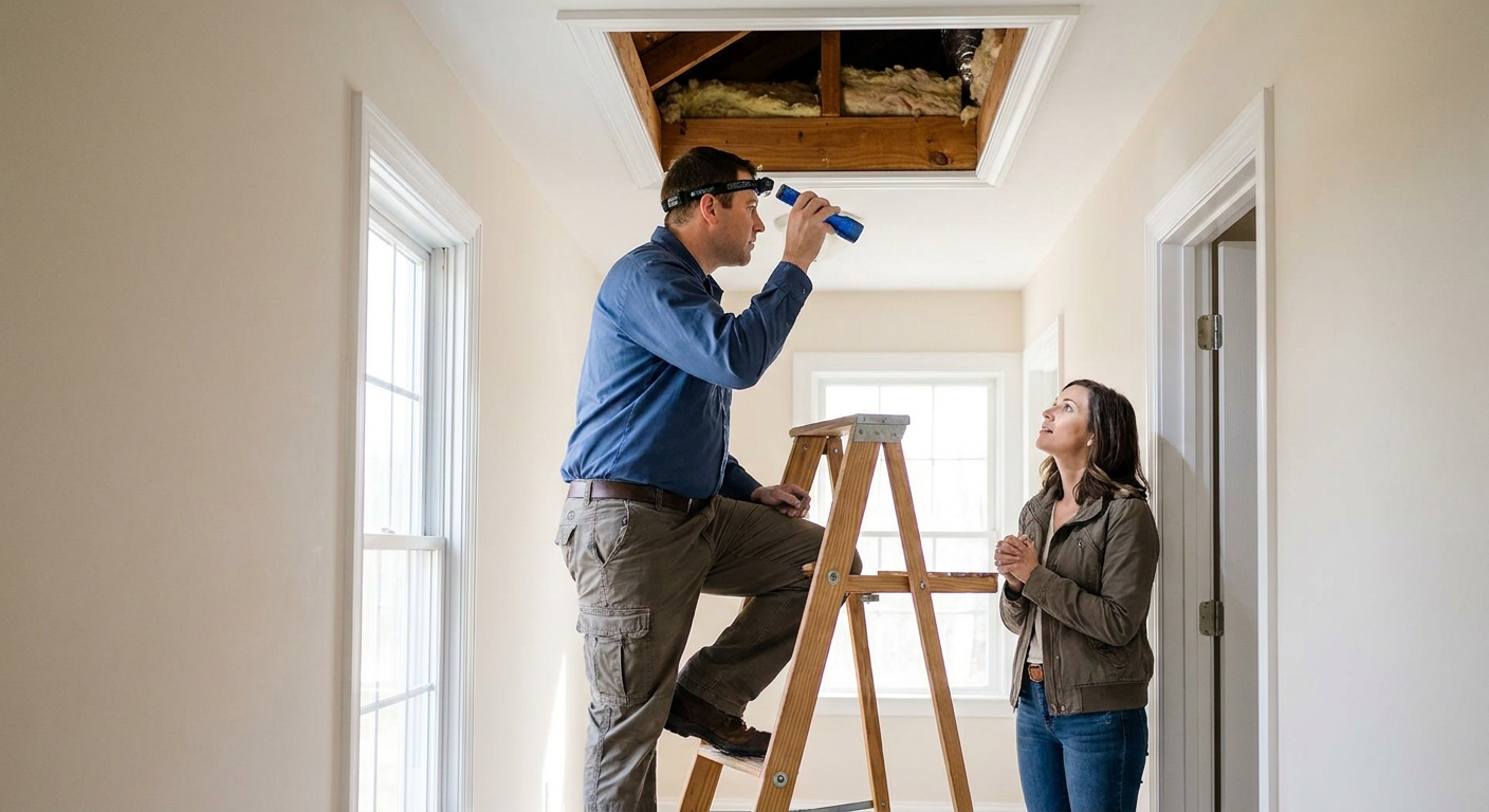A home inspector in work clothes using a flashlight to examine an attic hatch in a single-family home while a buyer watches, natural indoor light, real estate photography style