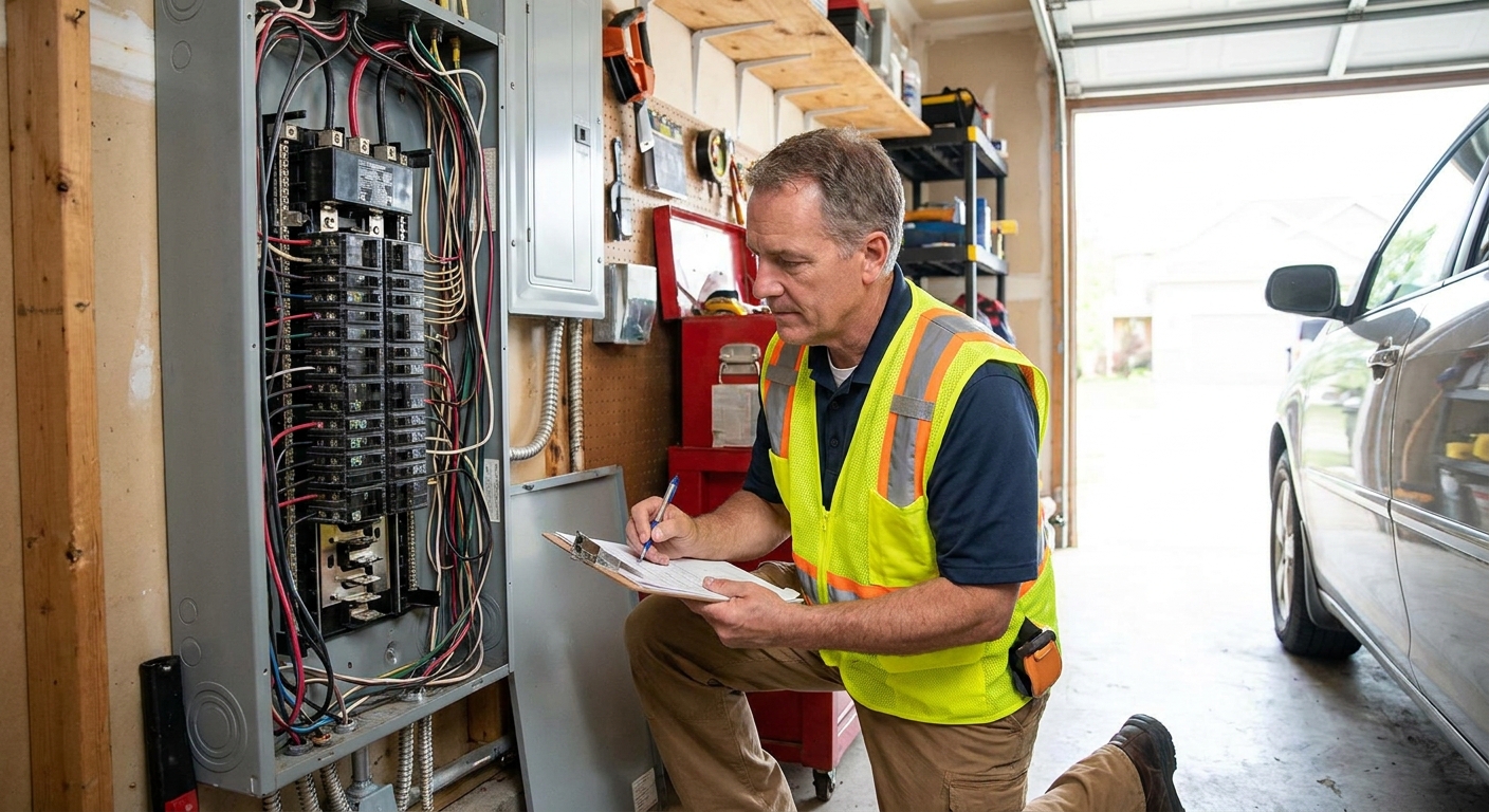 A home inspector kneeling in front of an open electrical breaker panel in a garage, taking notes on a clipboard during a home inspection