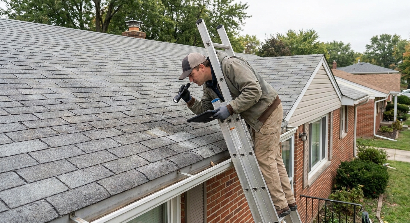 A home inspector on a ladder closely examining asphalt roof shingles on a single-family house, daytime, documentary photo style