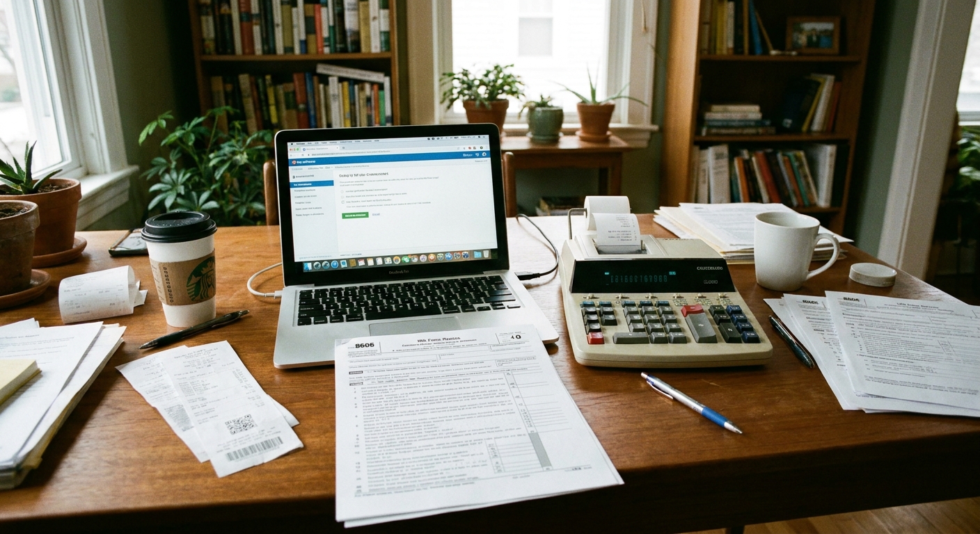 A home office desk with a laptop, a calculator, and printed tax forms spread out, including IRS Form 8606, realistic photography