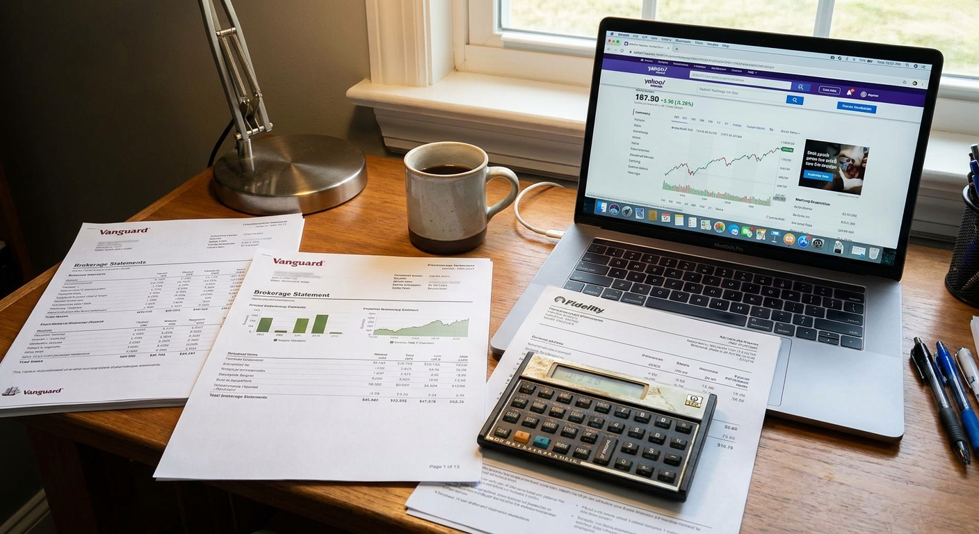 A home office desk with printed brokerage statements, a calculator, and a laptop open to a finance webpage, realistic photo