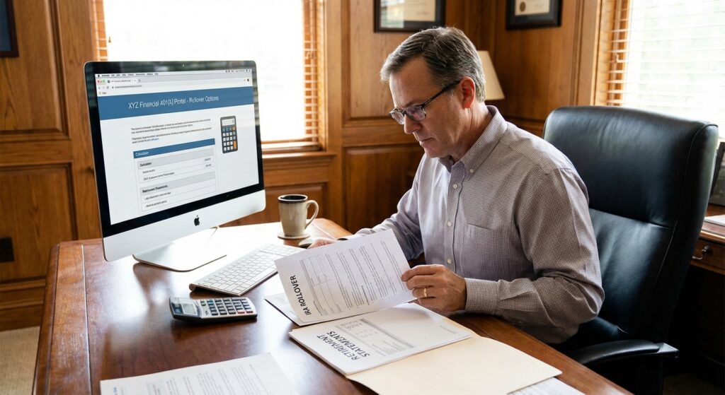 A home office desk with tax forms, retirement account statements, and a calculator next to a laptop, realistic photo