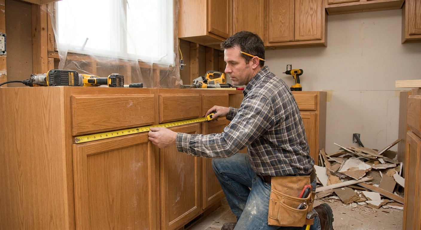 A home renovation contractor measuring kitchen cabinets with a tape measure during a remodel, realistic indoor construction photo