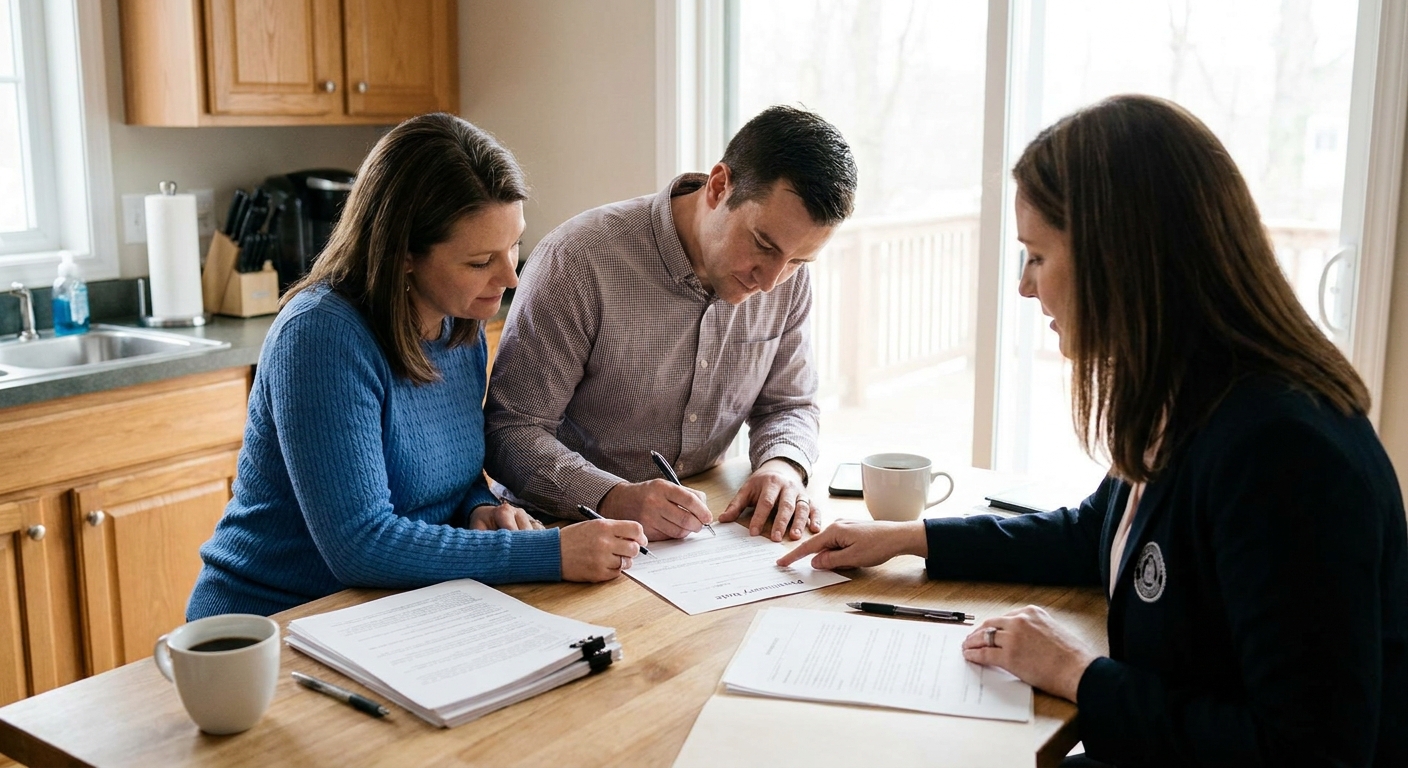 A home seller and a homebuyer sitting at a kitchen table signing a promissory note with a notary present, real estate paperwork spread out, natural window light, realistic photography style