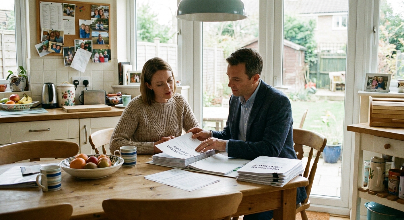 A homebuyer and real estate agent sitting at a kitchen table reviewing an appraisal report and purchase contract paperwork in a lived-in home, natural light, realistic photo