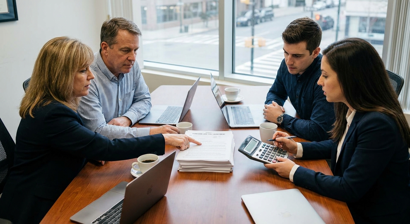 A homebuyer and seller with their real estate agents sitting at an office desk reviewing a purchase agreement and calculator during a negotiation meeting, realistic photo