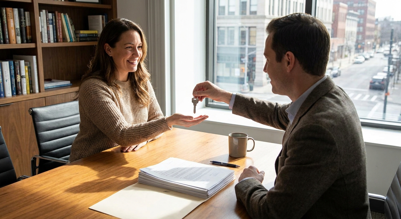 A homebuyer at a closing table receiving a set of house keys from a professional in an office, natural light, realistic photo