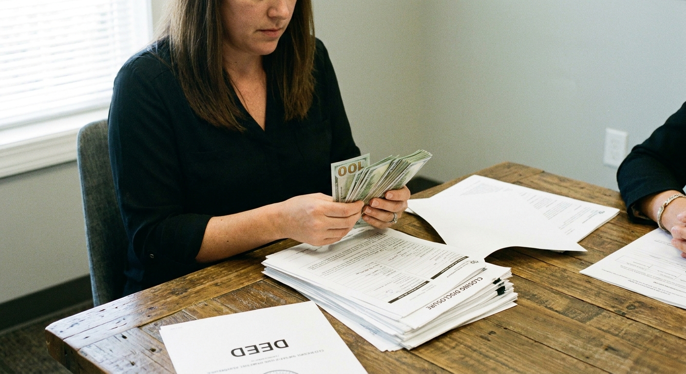 A homebuyer counting a stack of cash and reviewing paperwork at a closing table, real photography style