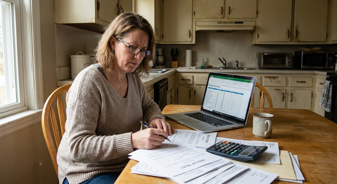 A homebuyer sitting at a kitchen table reviewing mortgage closing documents with a calculator and a laptop, realistic photography style