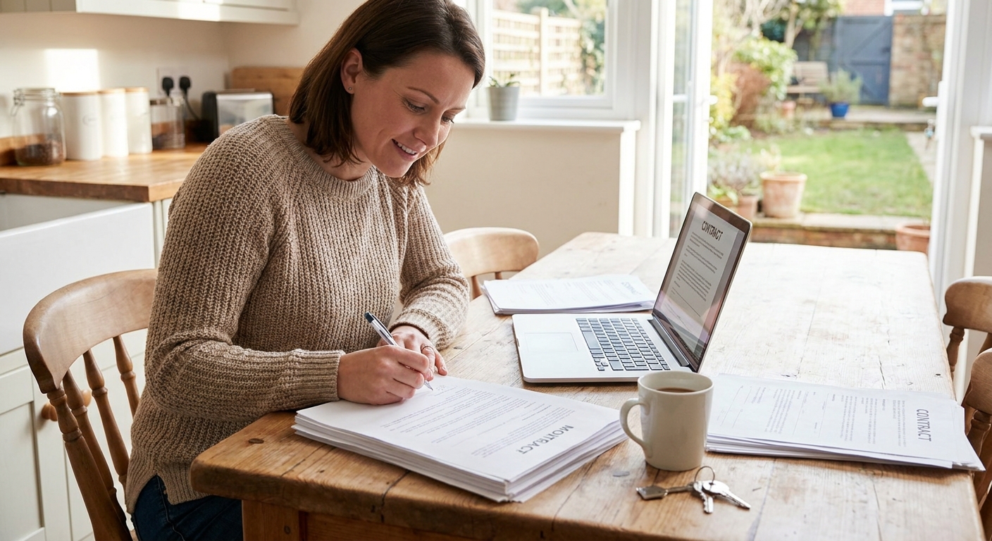 A homebuyer sitting at a kitchen table signing mortgage documents with a laptop and a stack of papers nearby, real photo