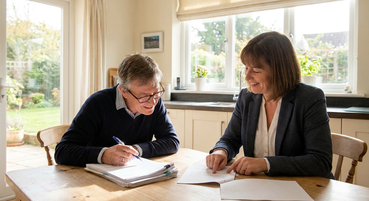A homebuyer sitting at a kitchen table signing mortgage paperwork with a lender across from them, natural window light, real-life photo