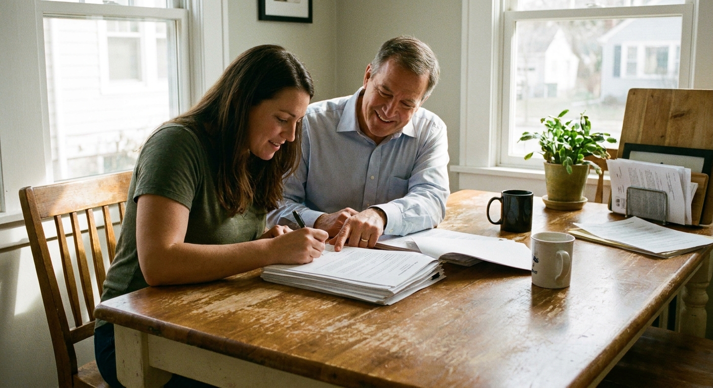 A homebuyer sitting at a kitchen table signing mortgage documents with a loan officer, real photography style