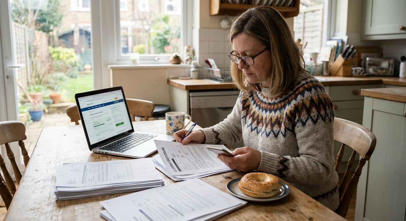 A homebuyer sitting at a kitchen table with a laptop open and a phone in hand, carefully reviewing mortgage closing documents in a realistic home setting