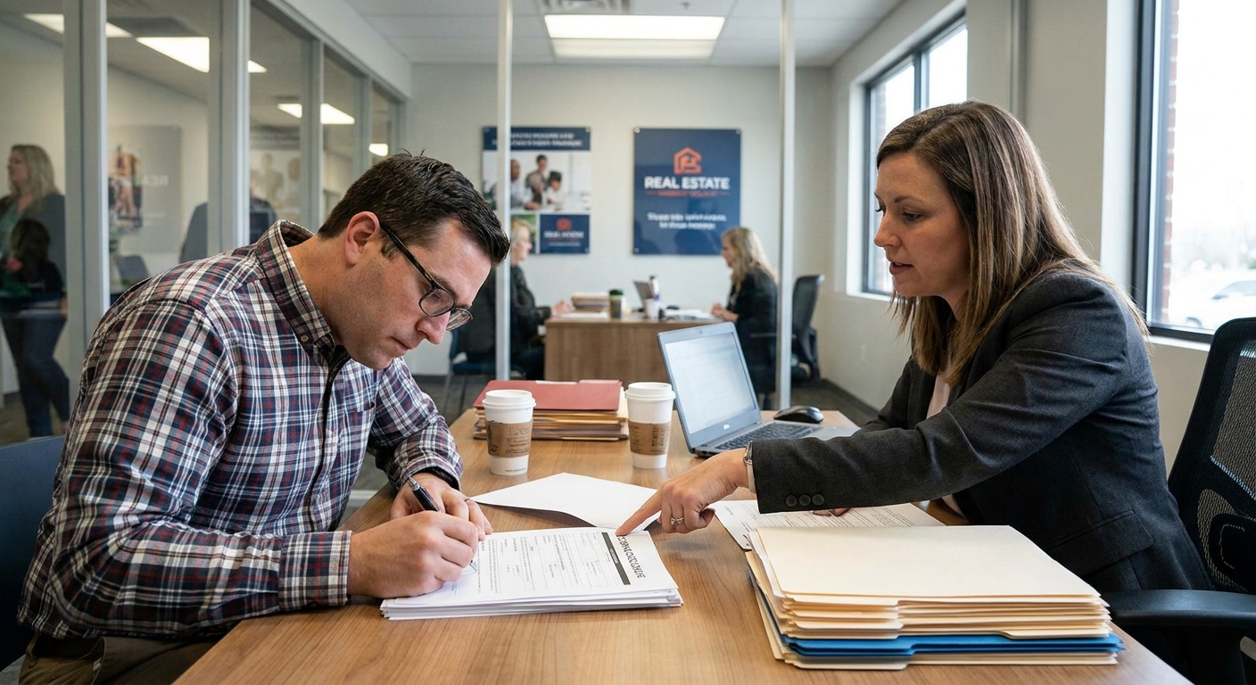 A homebuyer sitting at a table signing mortgage closing documents with a pen while a lender representative points to paperwork, real estate office photojournalism style