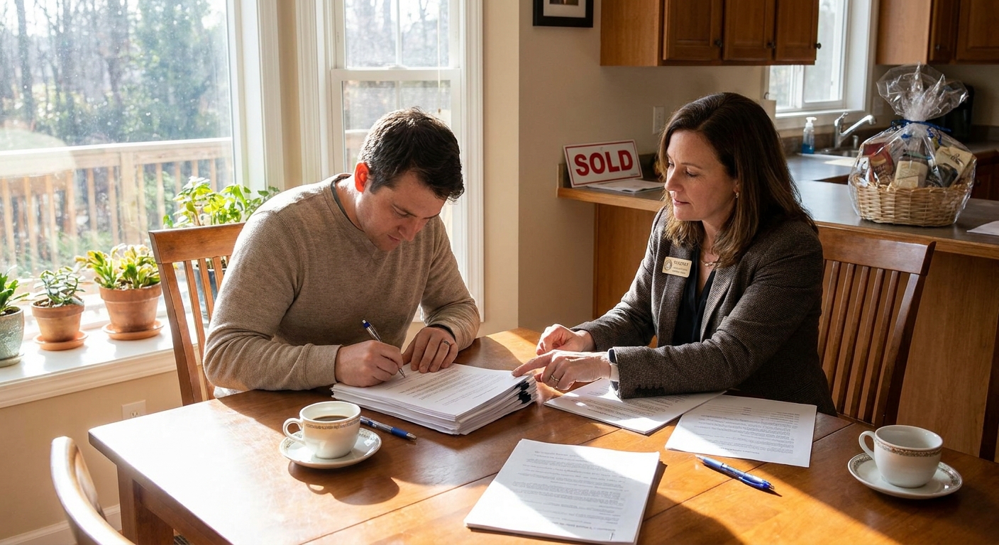 A homebuyer sitting at a table signing mortgage paperwork with a notary present, natural indoor light, real estate closing day photo