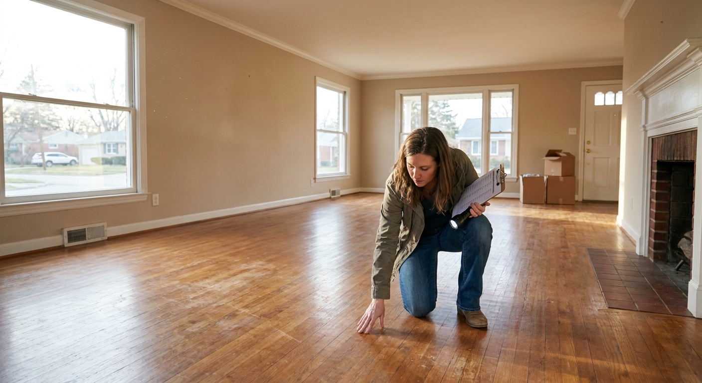 A homebuyer walking through an empty living room during a final walkthrough, checking walls and floors in a recently vacated home
