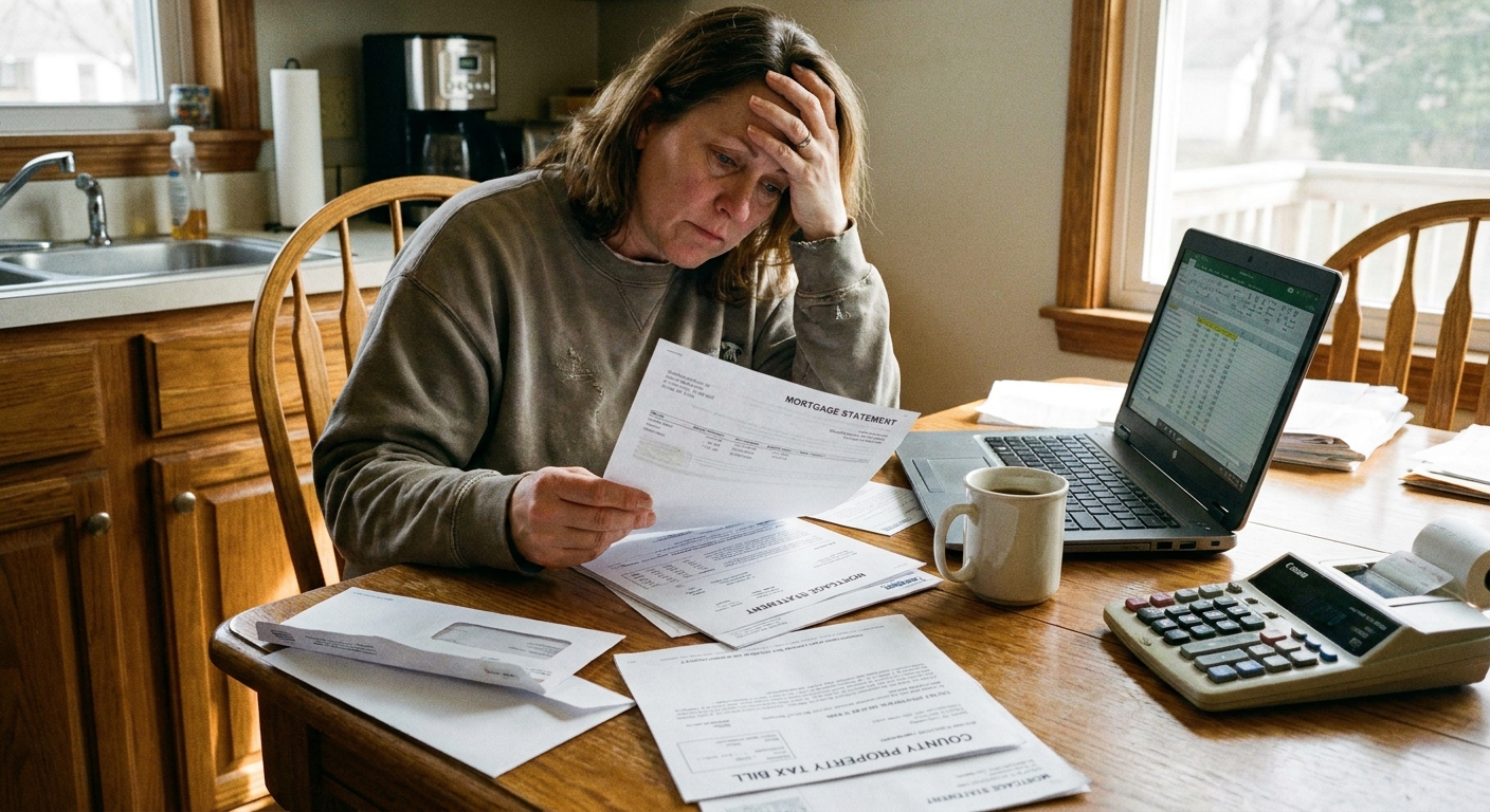 A homeowner at a kitchen table reviewing a mortgage statement and property tax bill next to a laptop and calculator, candid real-life photo