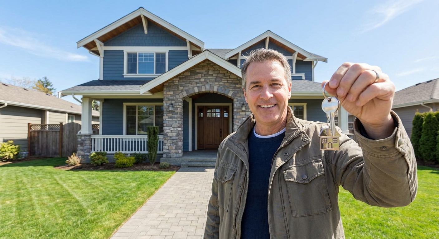 A homeowner holding a set of house keys in front of a suburban single-family home on a clear day, realistic real estate photography
