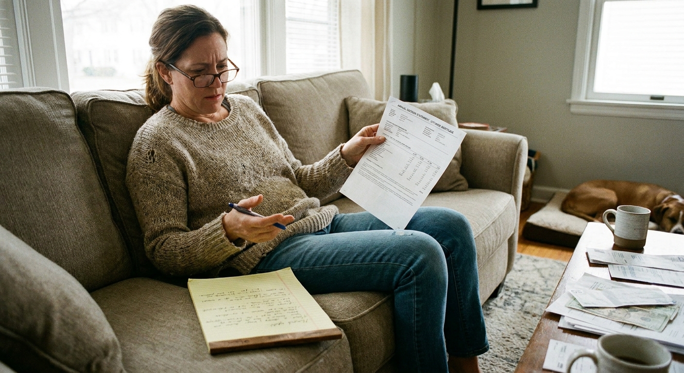 A homeowner holding an annual escrow statement while sitting on a couch with a notepad and pen, candid photo