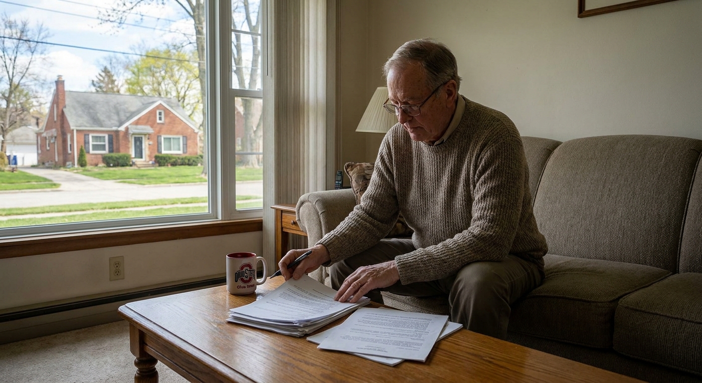 A homeowner in Columbus, Ohio sitting on a couch reviewing refinance documents with a pen and a mug on a coffee table, realistic photography