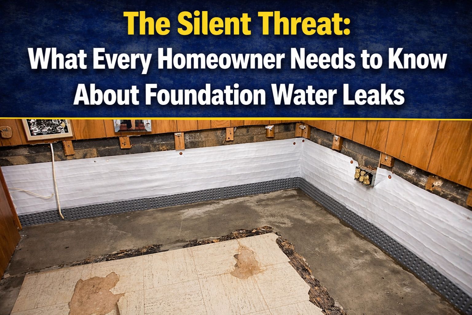 A homeowner kneeling near a small water leak in a basement beside a floor drain, concerned expression, realistic home photo