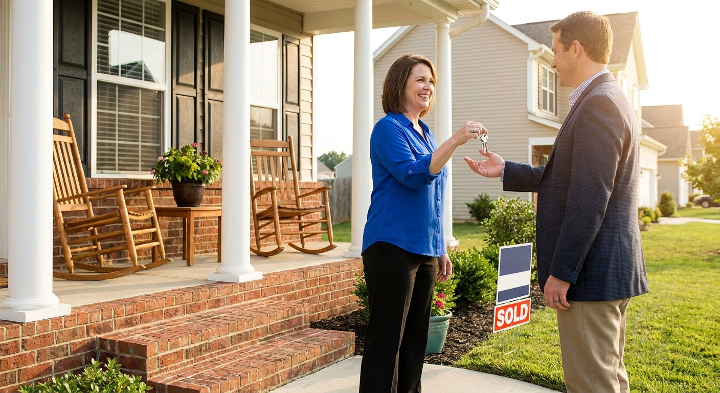 A homeowner outdoors handing a set of house keys to a real estate agent near a front porch on a sunny day, real-life photo