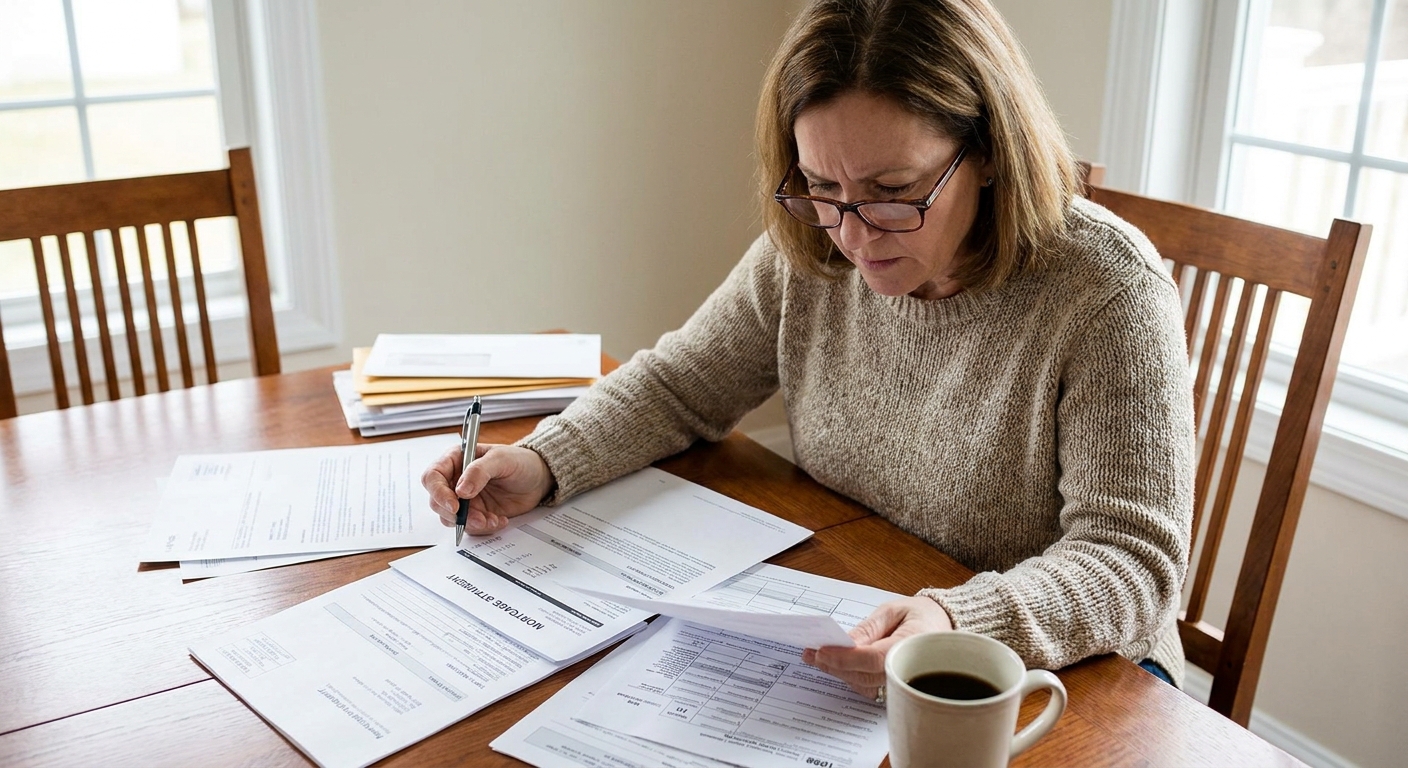 A homeowner reviewing a mortgage statement and Form 1098 paperwork at a dining table with a pen in hand, realistic photography style