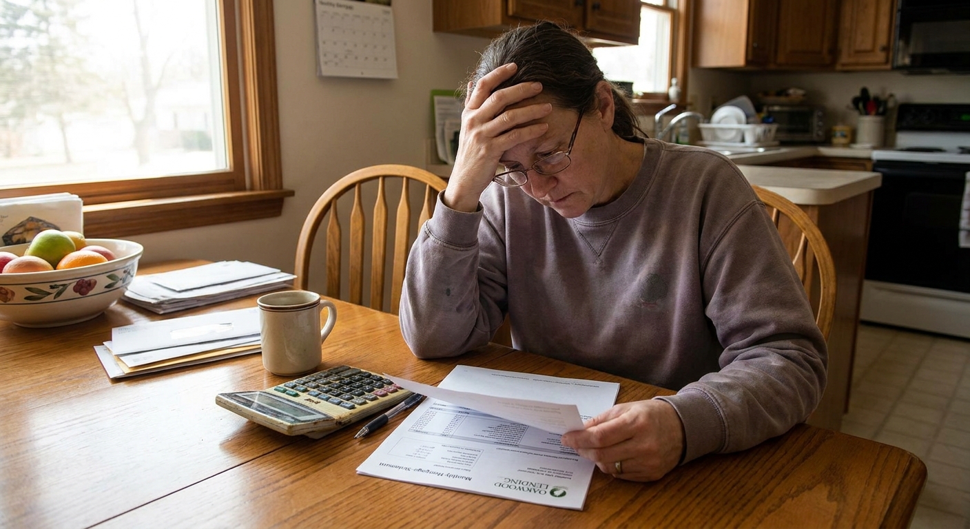 A homeowner reviewing a printed monthly mortgage statement at a kitchen table with a calculator nearby, real-life photography style