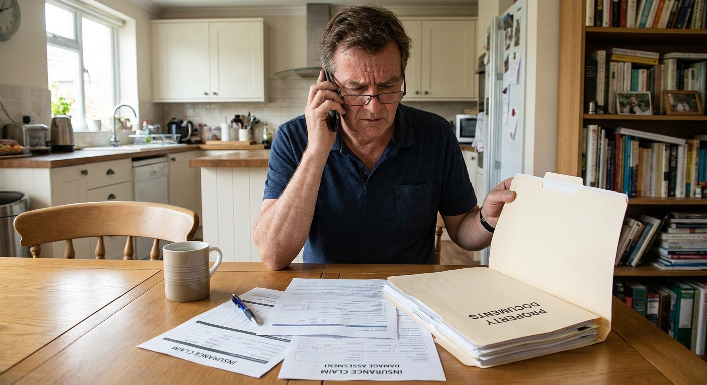 A homeowner sitting at a dining table reviewing insurance claim paperwork with a phone and a folder of property documents, realistic photo