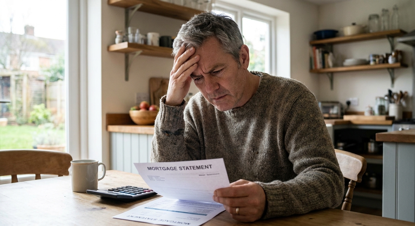 A homeowner sitting at a kitchen table looking at a mortgage statement with a concerned but focused expression, natural indoor light