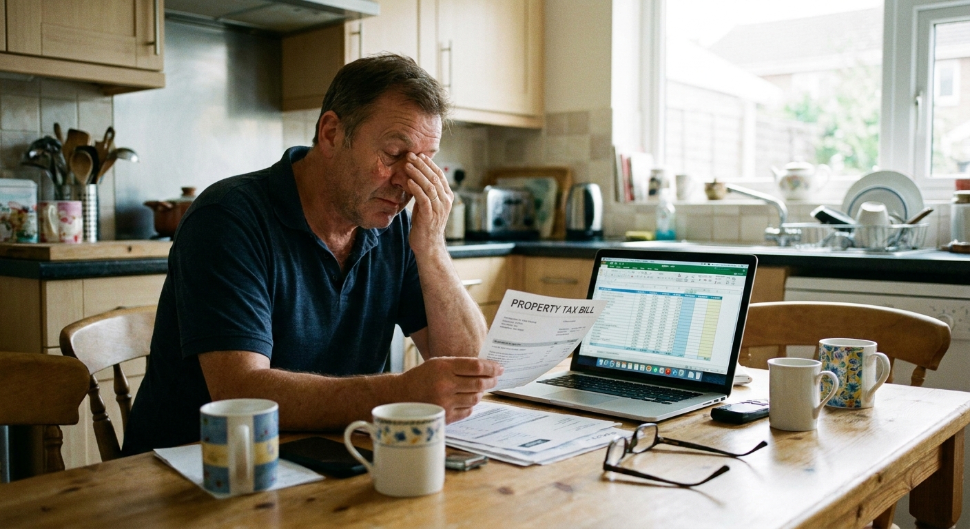 A homeowner sitting at a kitchen table reviewing a property tax bill and a laptop with budgeting notes, candid real-life photography style
